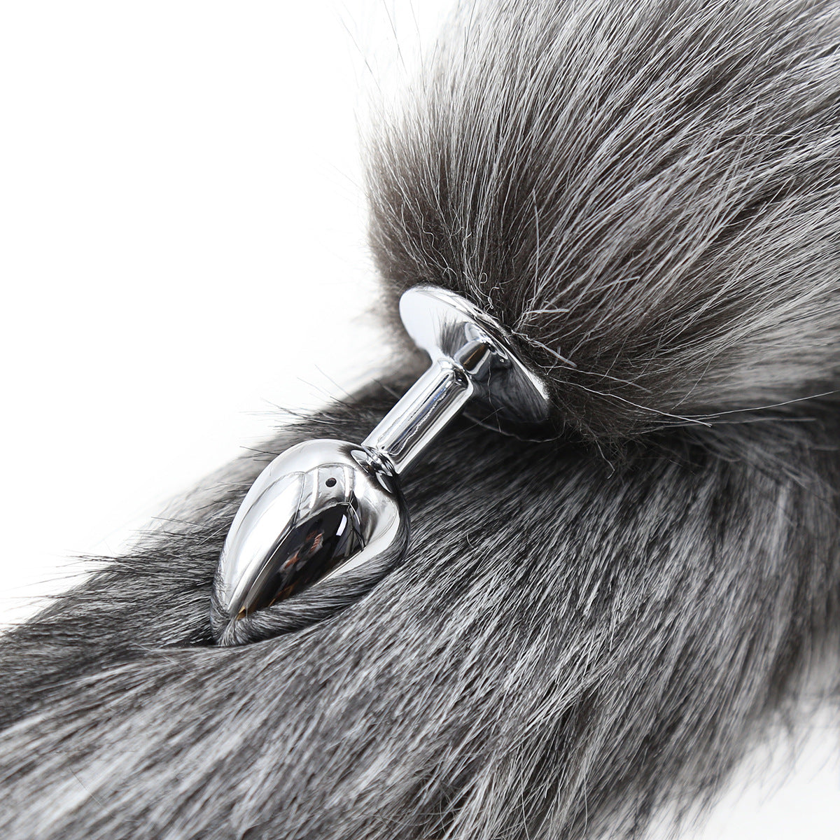 Grey Metal Furry Fox Tail Butt Plug