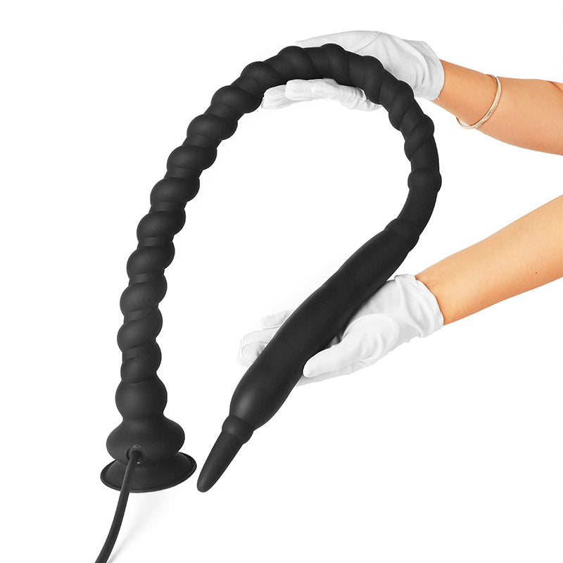 Black Long Knot Ribbed Inflatable Butt Plug