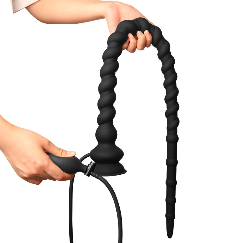 Black Long Knot Ribbed Inflatable Butt Plug