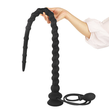 Black Long Knot Ribbed Inflatable Butt Plug