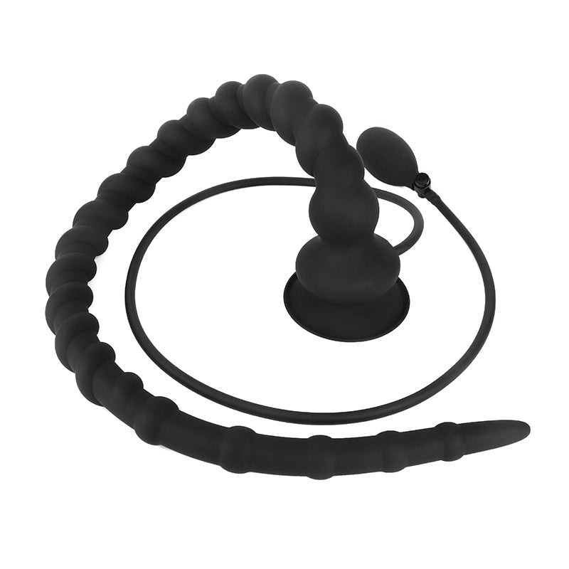 Black Long Knot Ribbed Inflatable Butt Plug