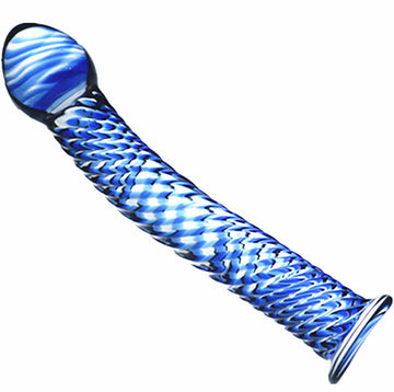 7 Inch Blue Textured Curved Glass Anal Dildo
