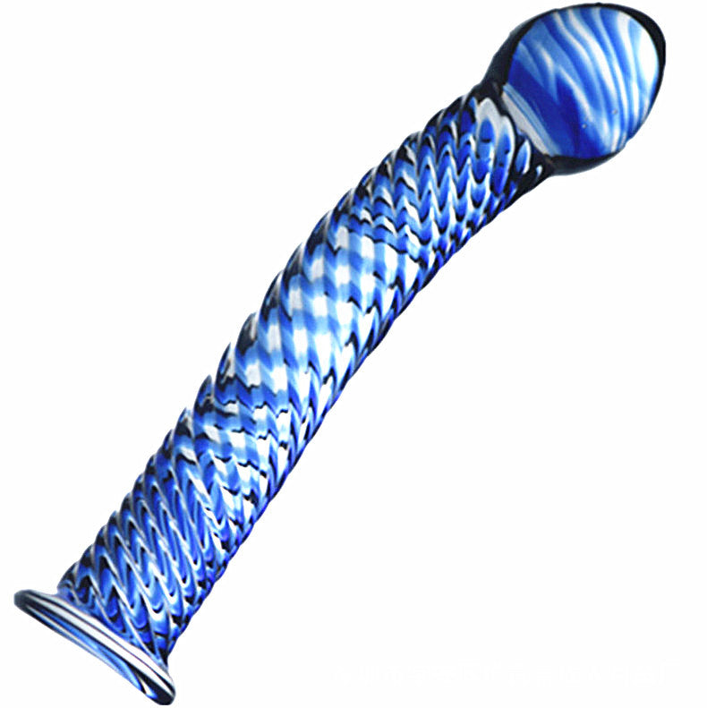 7 Inch Blue Textured Curved Glass Anal Dildo