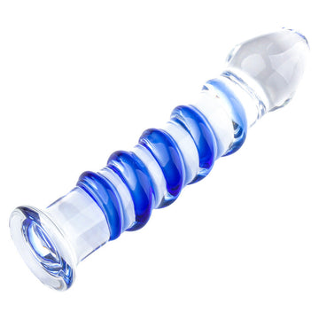 7 Inch Blue Ribbed Glass Anal Dildo