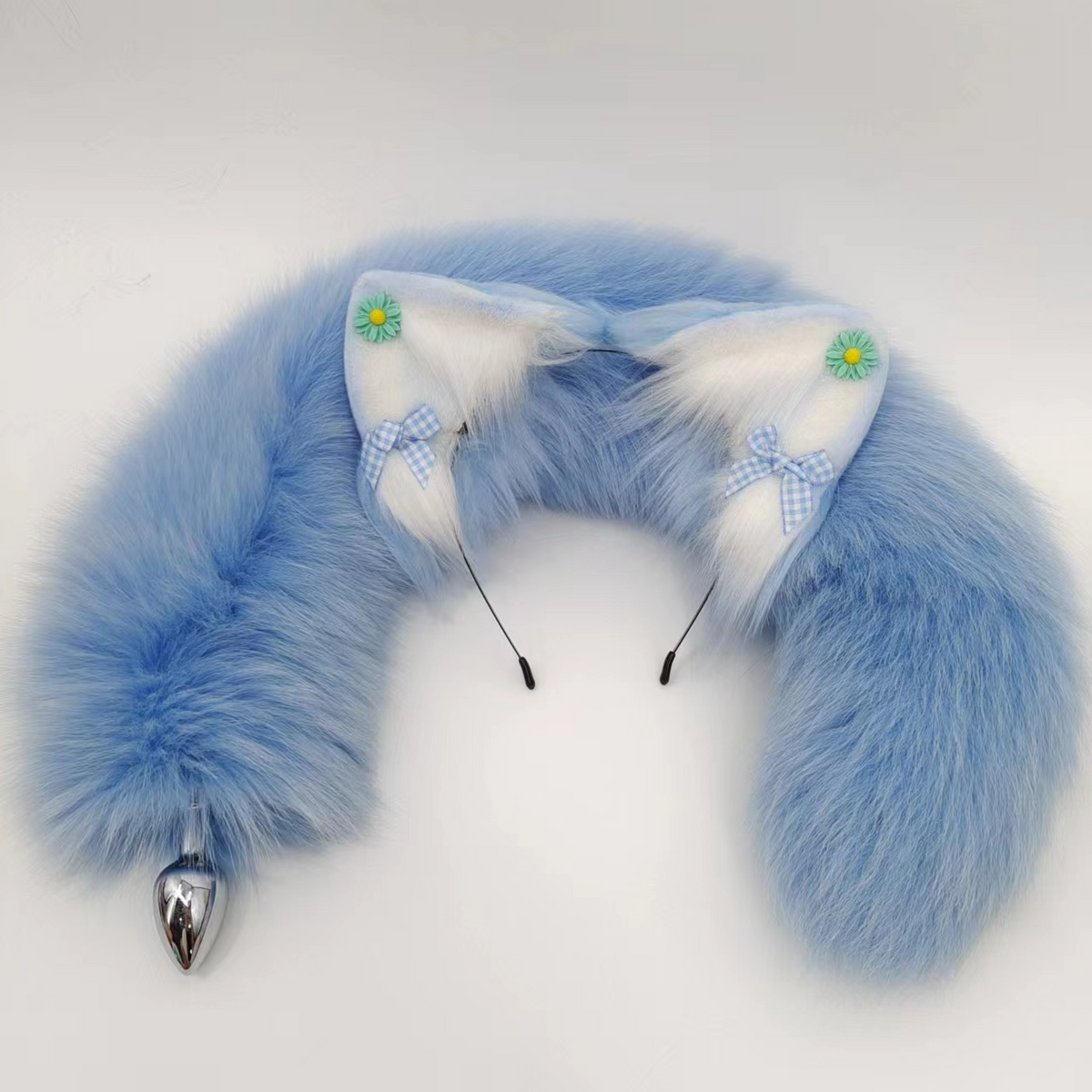 Blue Real Fox Tail Butt Plug Set