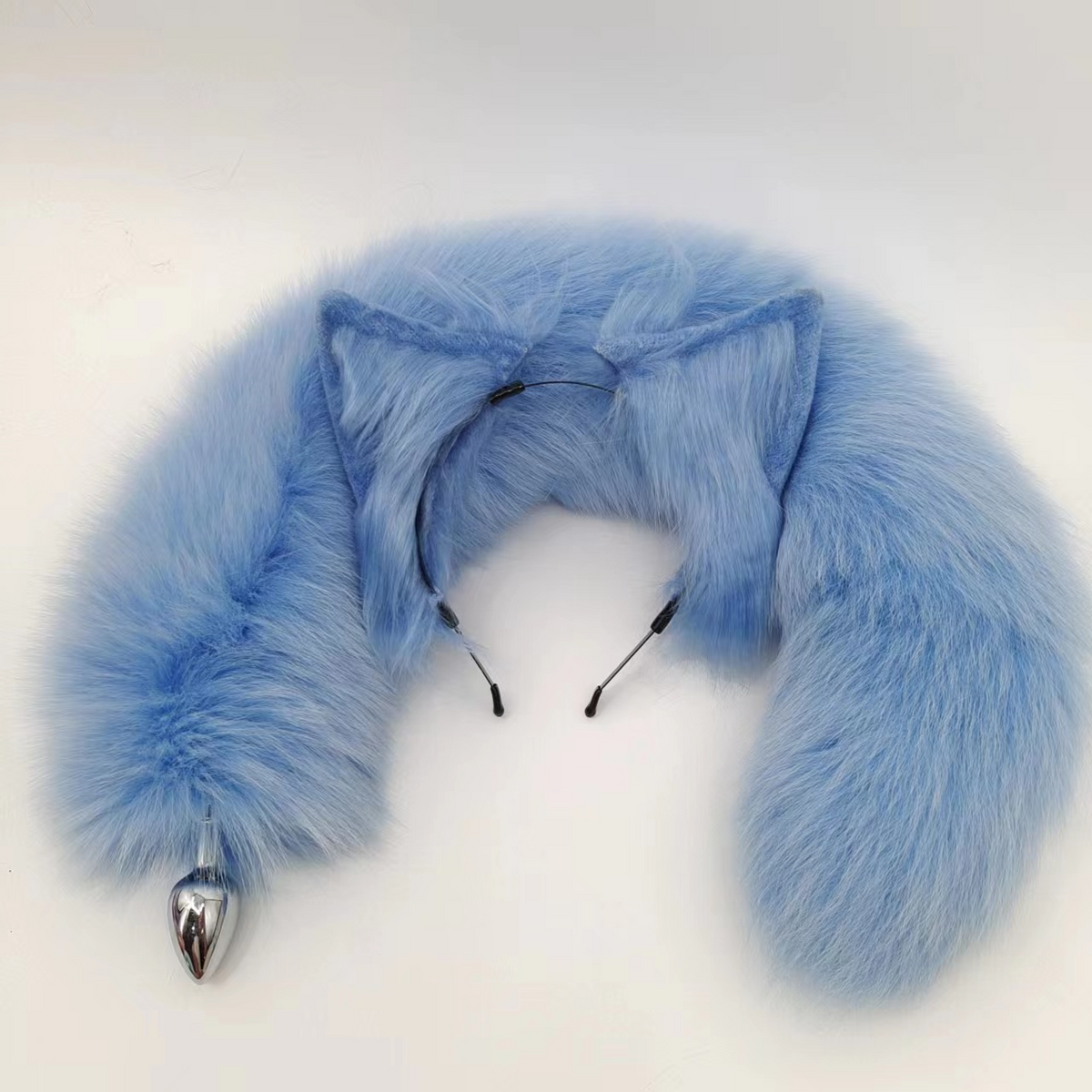 Blue Real Fox Tail Butt Plug Set
