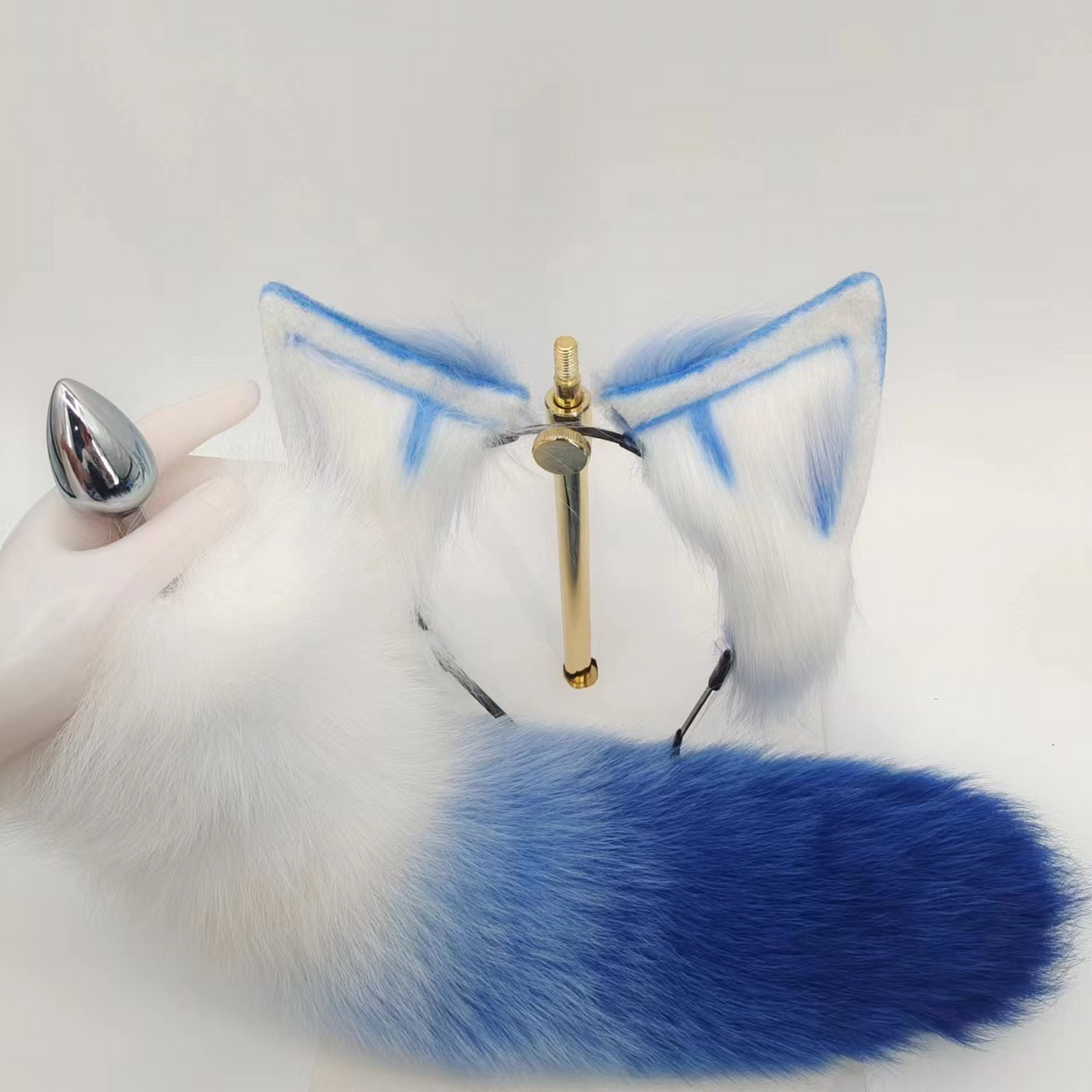 Blue White Metal Fox Tail Butt Plug