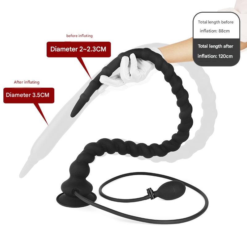 Black Long Knot Ribbed Inflatable Butt Plug