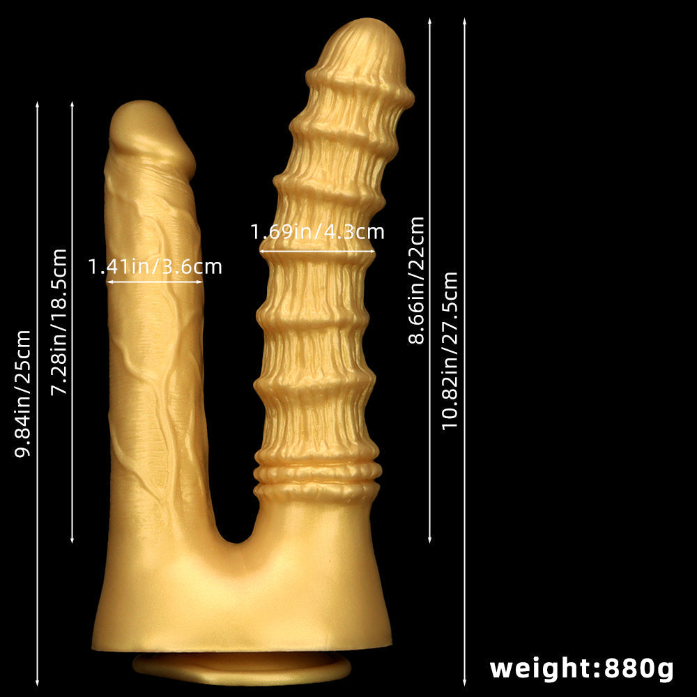Gold Ribbed Texture Silicone Double Penetration Dildo