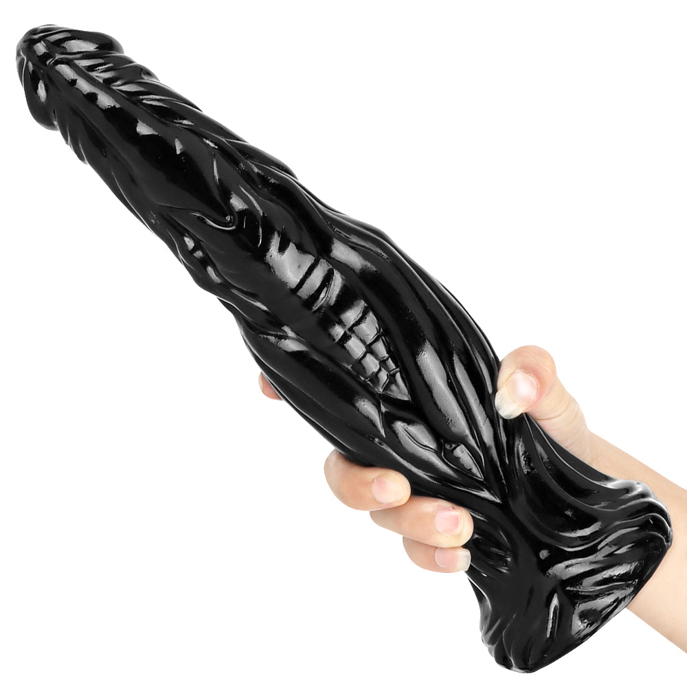 12 Inch Black Ribbed Tapered Monster Dragon Dildo