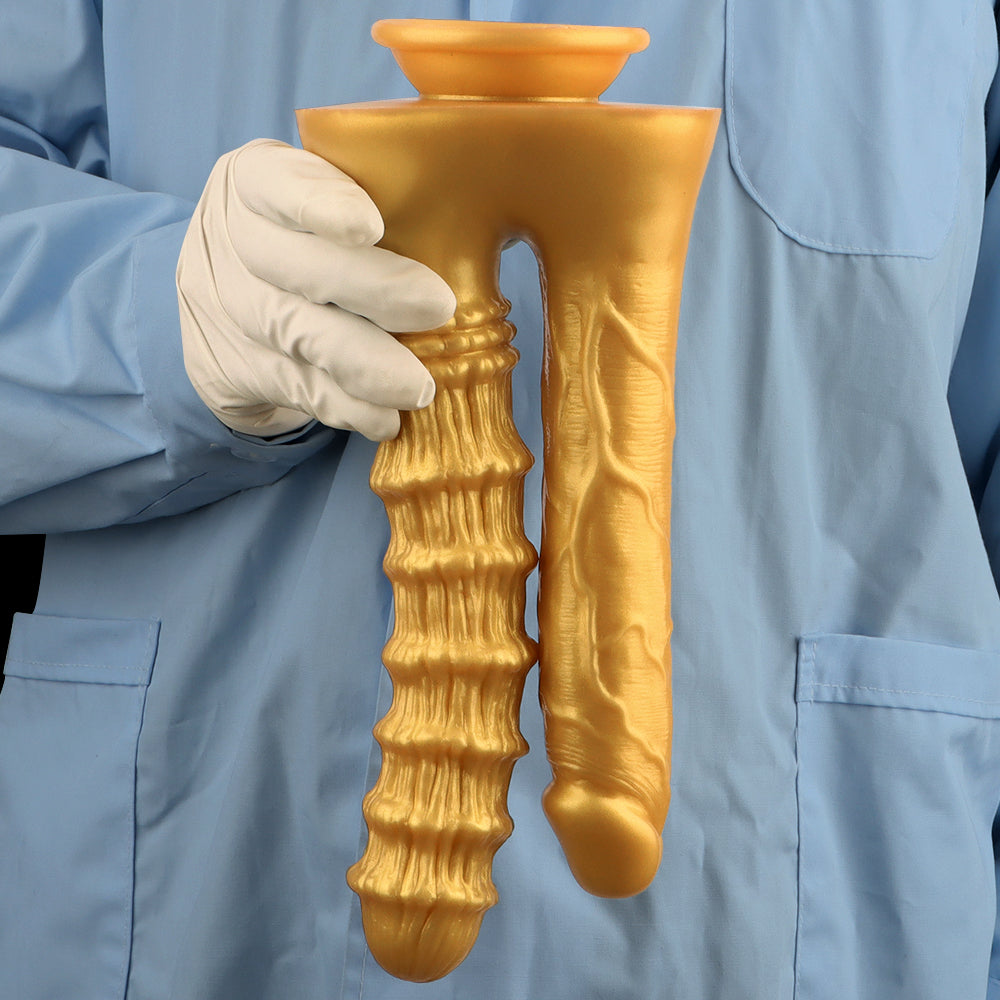 Gold Ribbed Texture Silicone Double Penetration Dildo