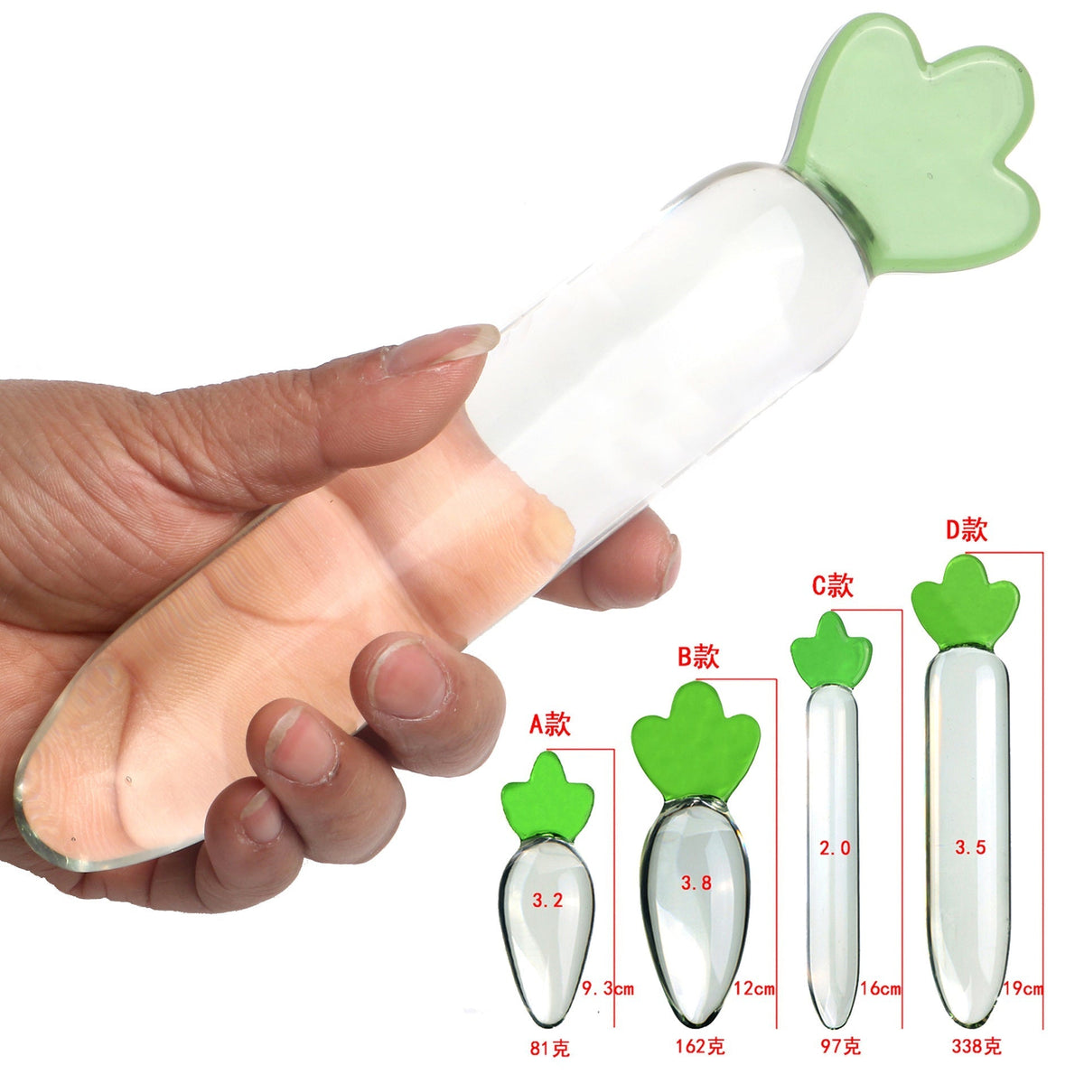 Clear Carrot Glass Butt Plug with Green Handle