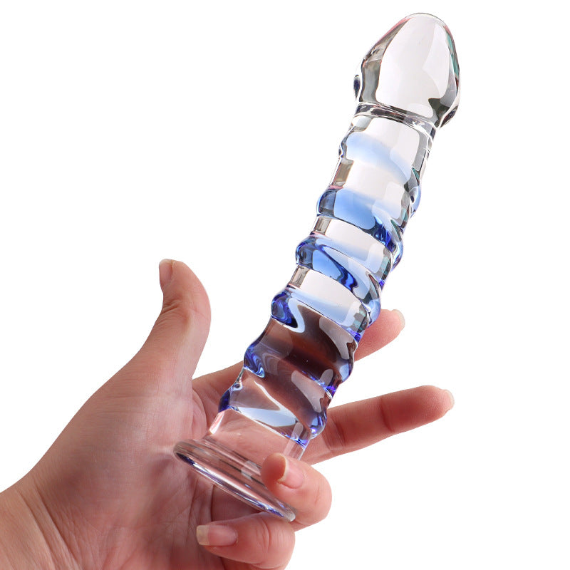 7 Inch Blue Ribbed Glass Anal Dildo