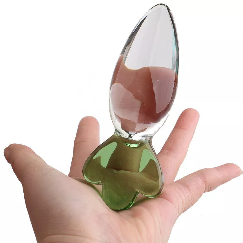 Clear Carrot Glass Butt Plug with Green Handle