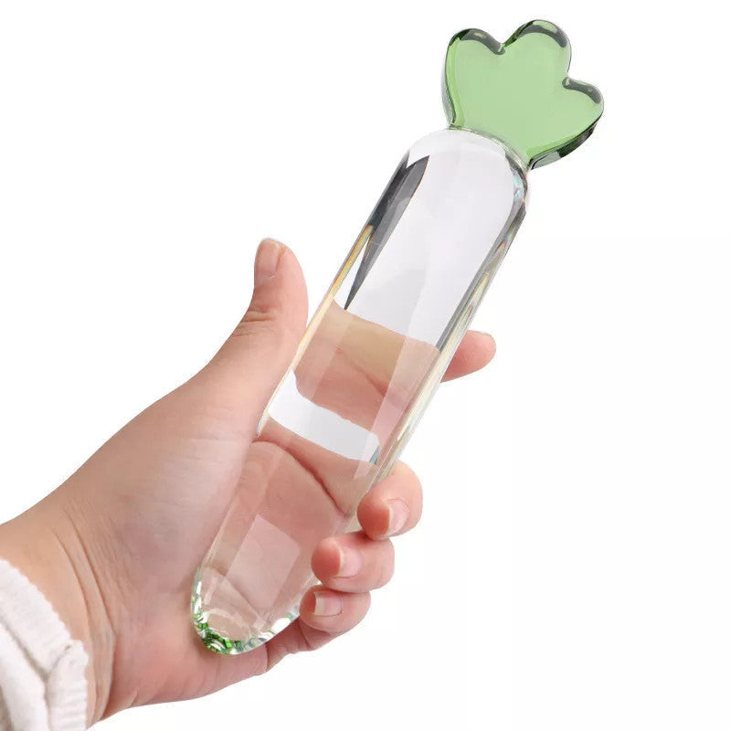 Clear Carrot Glass Butt Plug with Green Handle