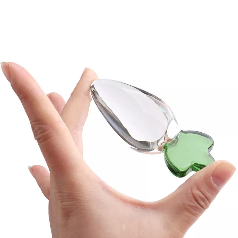 Clear Carrot Glass Butt Plug with Green Handle
