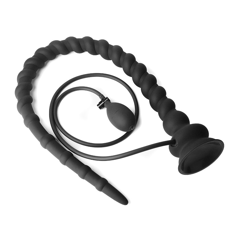 Black Long Knot Ribbed Inflatable Butt Plug
