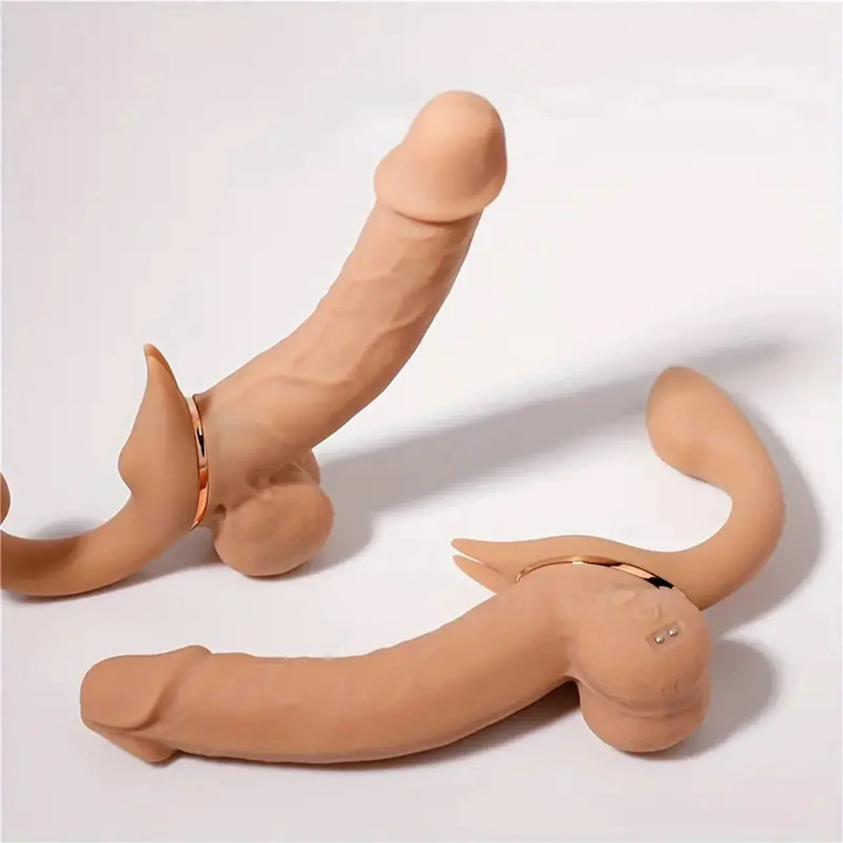 Brown Lesbian Vibrating Curved Strapless Dildo